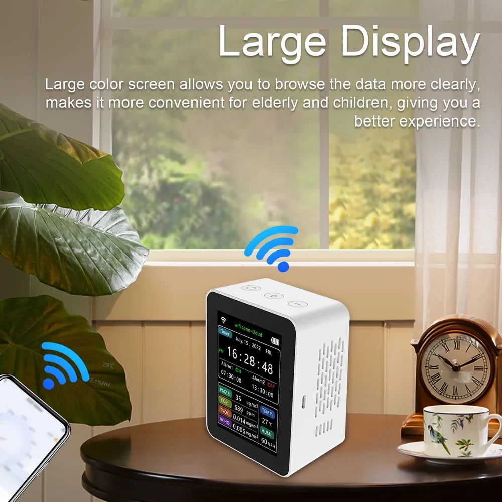 Carevas WiFi Intelligent Air Quality Detector PM2.5 CO2 TVOC HCHO Humidity 6 In 1 Detector Time Date Week Display Mobilephone APP Remotes Viewing 2 Sets Alarm Home Indoor Desktop Air Quality Moni