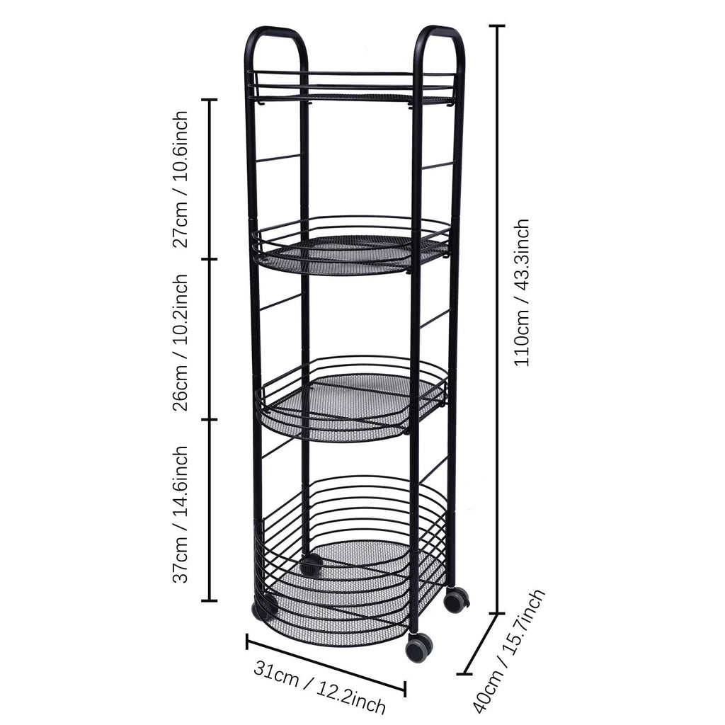 4 Tier Rolling Cart, Kitchen Storage Organizer Utility Cart, Metal Basket Storage Art Trolley Carts with Wheels, Black