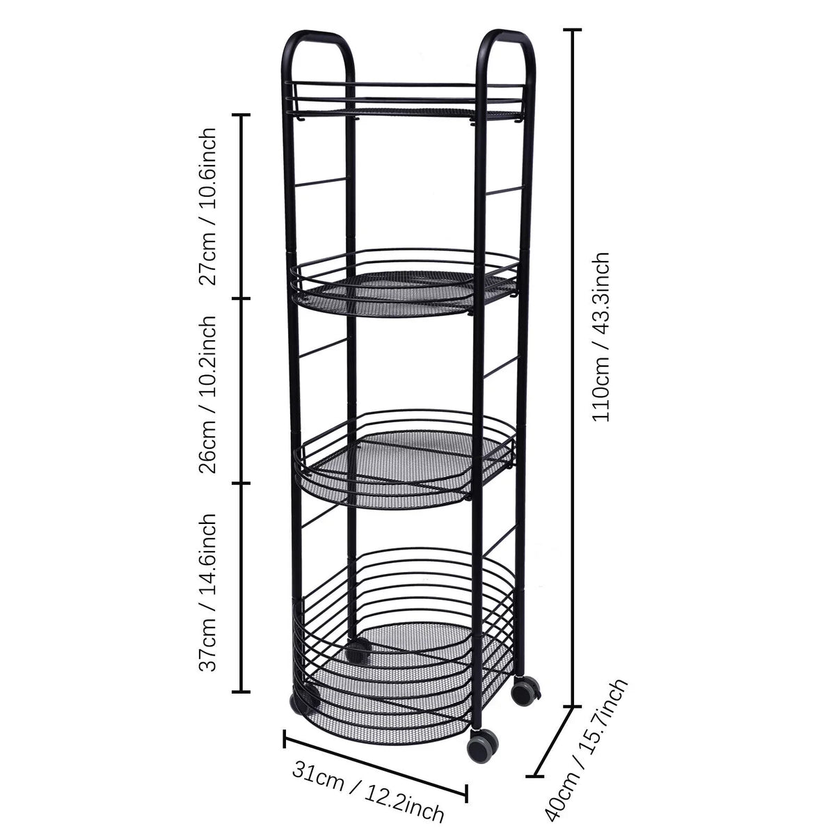 4 Tier Rolling Cart, Kitchen Storage Organizer Utility Cart, Metal Basket Storage Art Trolley Carts with Wheels, Black