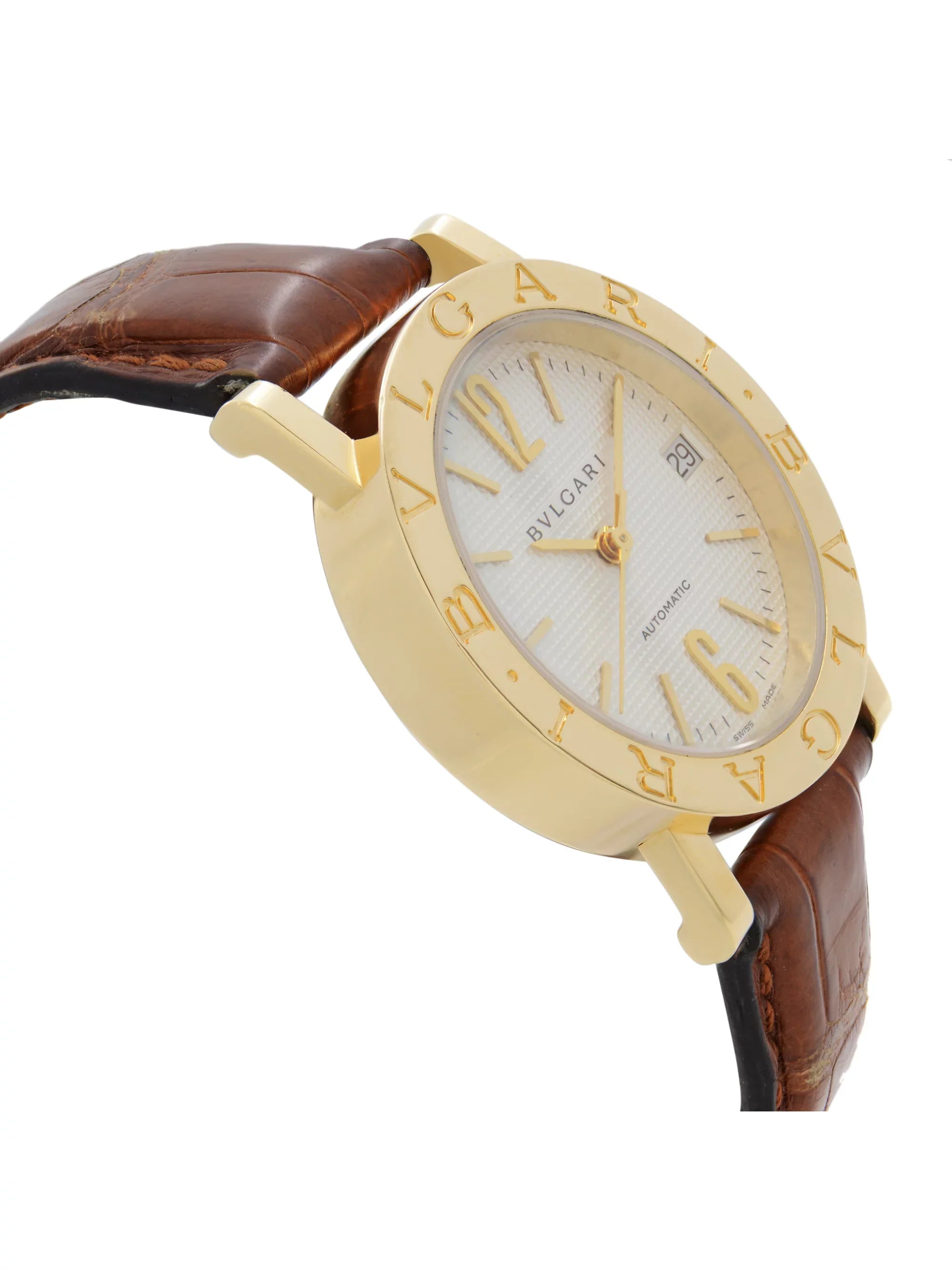 Bvlgari 33mm 18k Yellow Gold White Dial Leather Strap Automatic Watch BB33GL