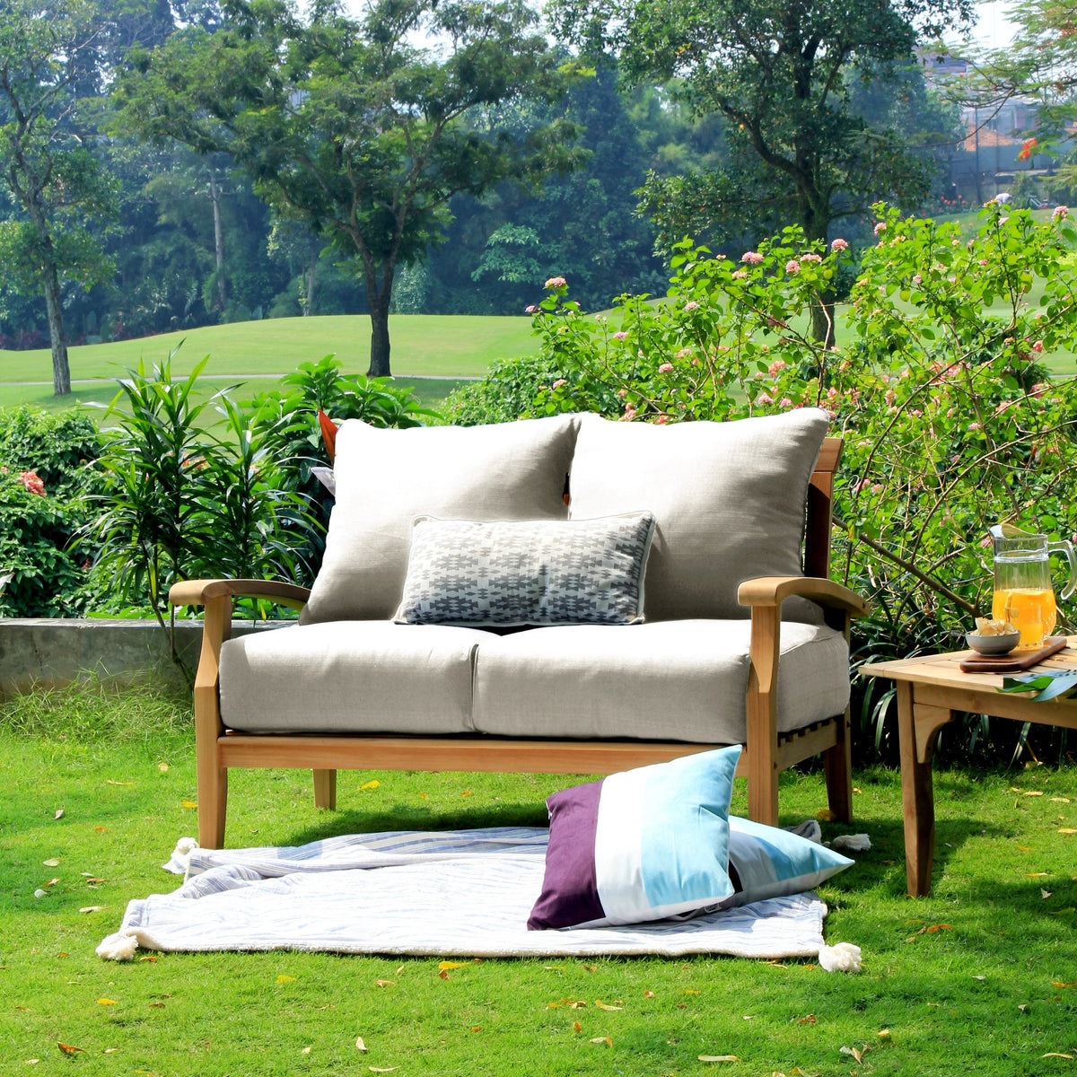 Cambridge Casual Leon Teak Patio Loveseat with Cushion Plantation Teak/Beige Cushion