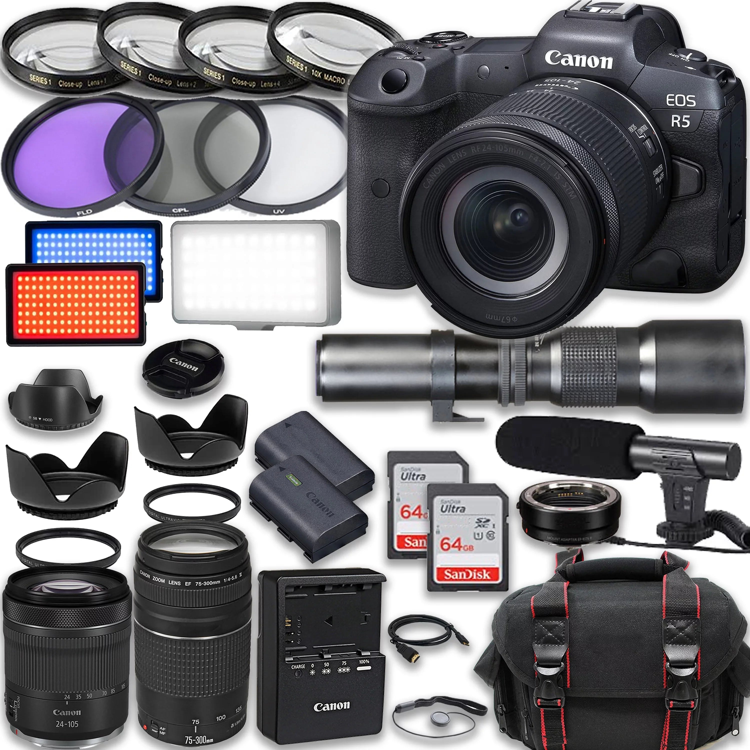 Canon EOS R5 Full Frame Mirrorless Camera with RF 24-105mm STM & 75-300mm III + 500mm f/8 Focus Lenses, Accessories: 2X 64GB Memory Cards, LED Video Light, Microphone, Extra Battery, Case & More