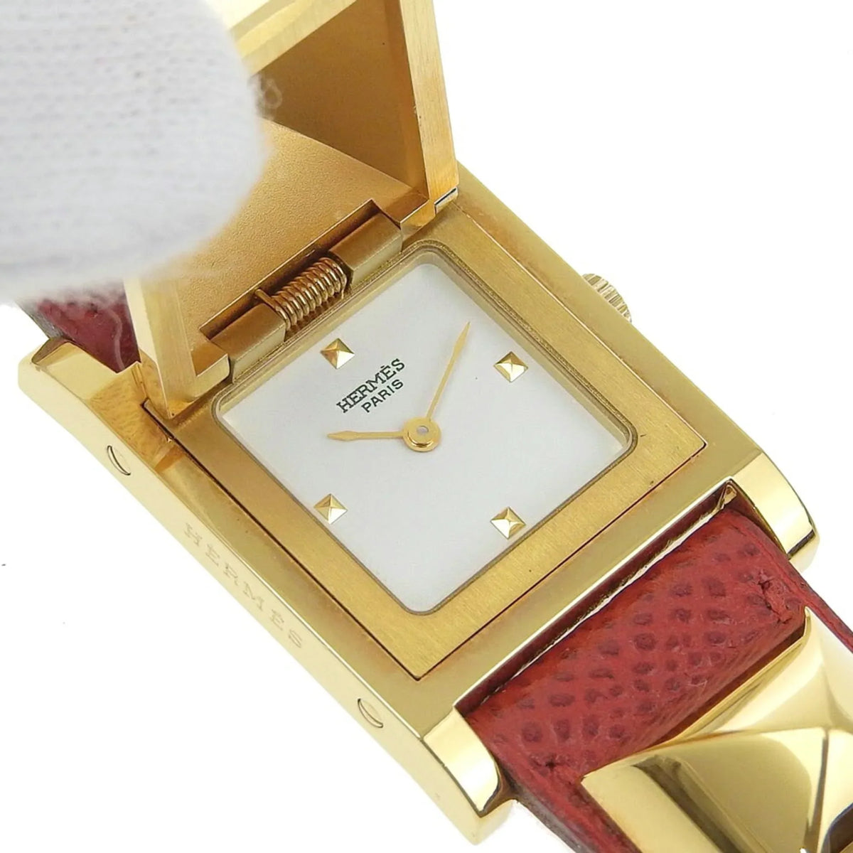 Pre-Owned Hermes Medor Watch Gold Plated x Leather 1995 〇Y Quartz Analog Display White Dial Ladies I211723022 (Good)
