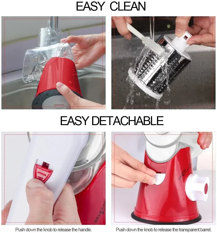 Ourokhome Rotary Cheese Grater Shredder- 3 Drum Bladea Manual Slicer Nut Grinder with Vegetable Peeler and Cleaning Brush (White red)