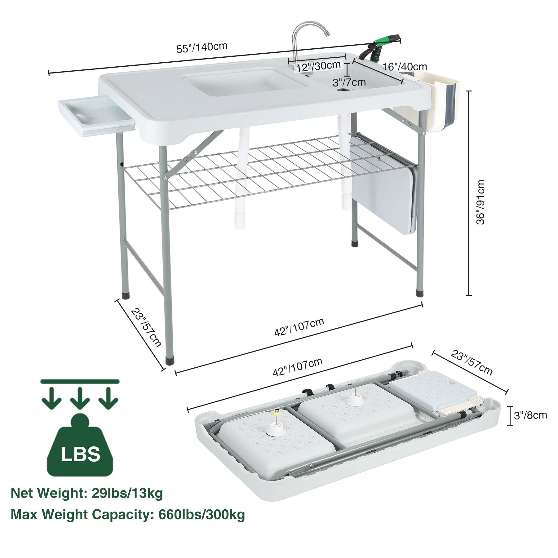 REDCAMP Folding Fish Cleaning Table with 2 Sinks and Sprayer, Outdoor Camping Sink Station w/ Flexible Faucet/Drainage Hoses/Rack/Basket, Portable Camping Table for Garden Beach Patio Picnic