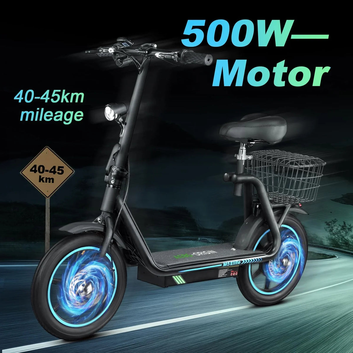 M5 Electric Scooter with Seat, 500W Powerful Motor up to 22 Miles Range, Foldable Electric Scooter for Adults 14" Pneumatic Tire，Foldable Commuter Scooter with Phone Holder, Carry Baske Black
