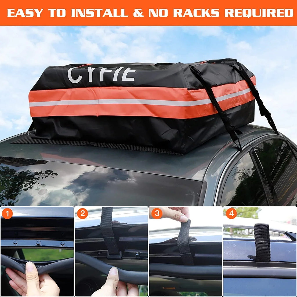 Cyfie Rooftop Cargo Bag for Car,SUV Car Top Carrier 15Cu. ft for All Cars with/Without Rack, Waterproof & Tearproof, Includes Anti-Slip Mat, 8 Reinforced Straps, 6 Door Hooks, Storage Bag