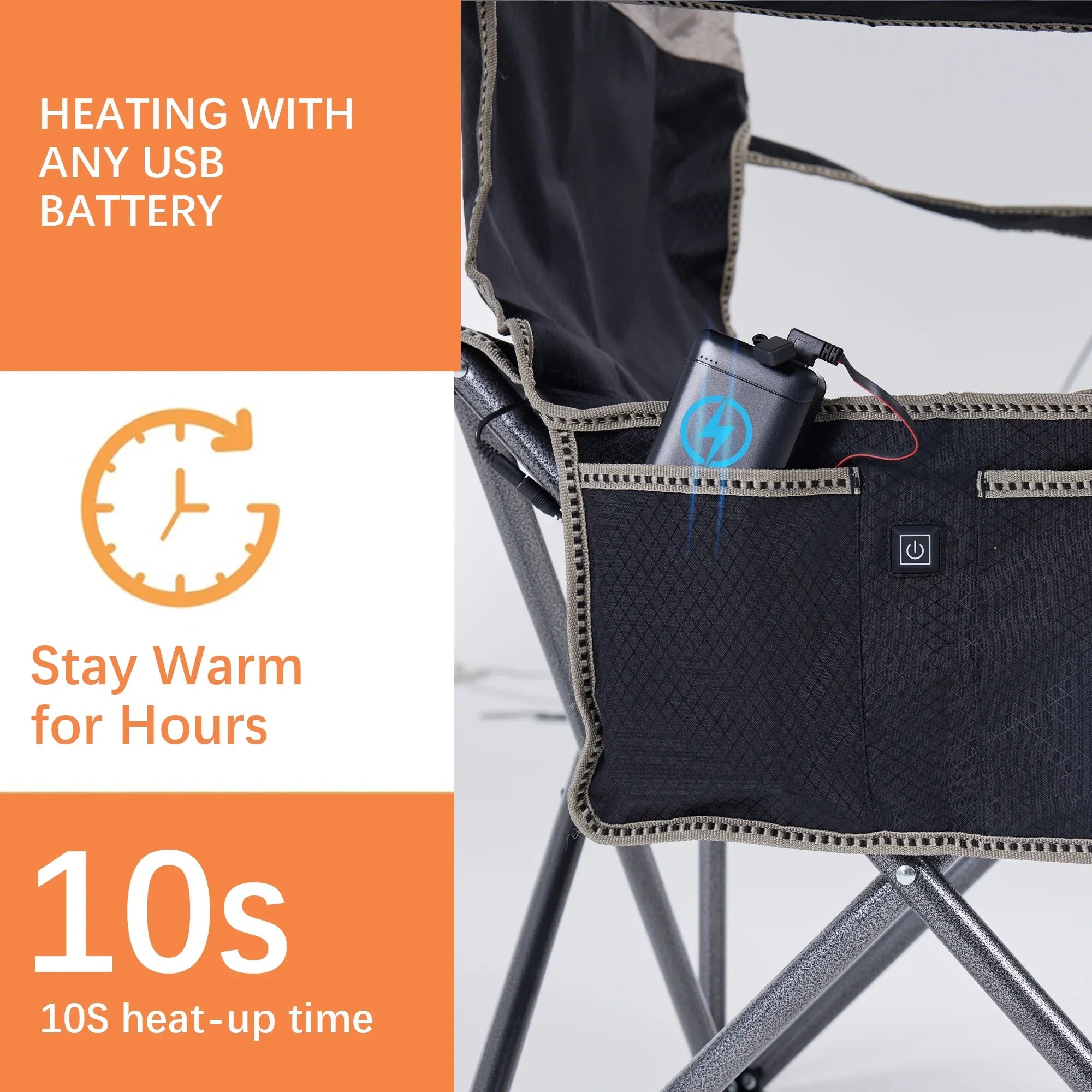 M8TRX Outdoors Heated Camping Chair, Portable Chair w/ 5000mAH Power Bank, 3 Heat Levels, USB Charging Port, Black