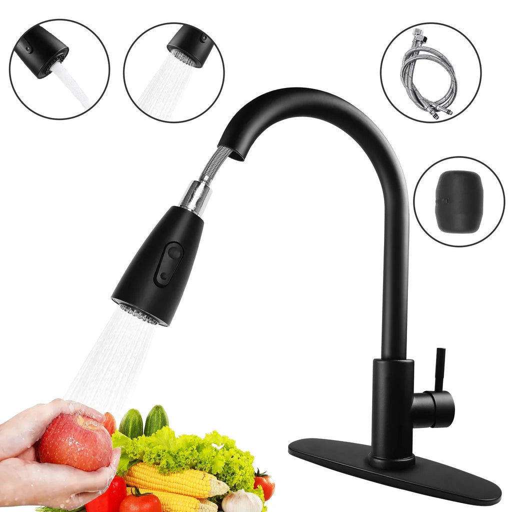 Kitchen Faucet with Pull Down Sprayer, High Arc Single Handle Kitchen Sink Faucet with Deck Plate, Commercial Modern Stainless Steel Kitchen Faucets for Kitchen, RV, Bar, Silver