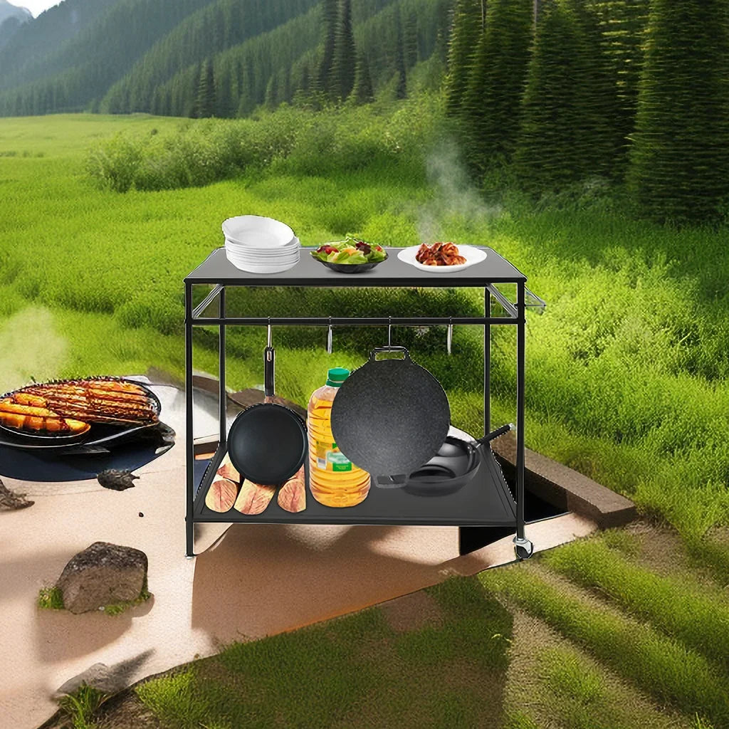 Outdoor Cook Station Table 2-Tier Shelf Food Prep BBQ Grill Serving Cart Movable Rack