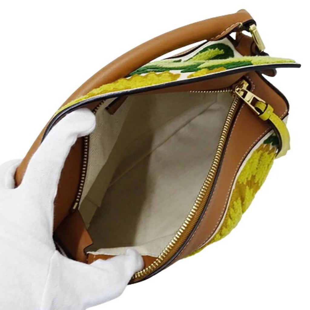 Pre-Owned LOEWE Bag Women's Brand Handbag Shoulder 2way Puzzle Small Floral Leather Brown Yellow William de Morgan Collaboration Embroidery Compact Mini (Good)
