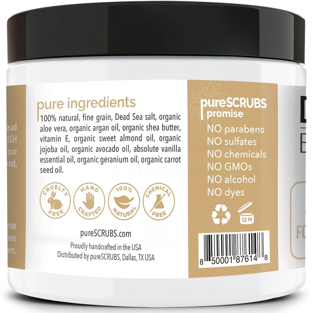 pureSCRUBS Premium Organic Body Scrub Set - Large 16oz VANILLA BODY SCRUB - Pure Dead Sea Salt Infused With Organic Essential Oils & Nutrients + FREE Wooden Spoon, Loofah & Mini Exfoliating Bar Soap