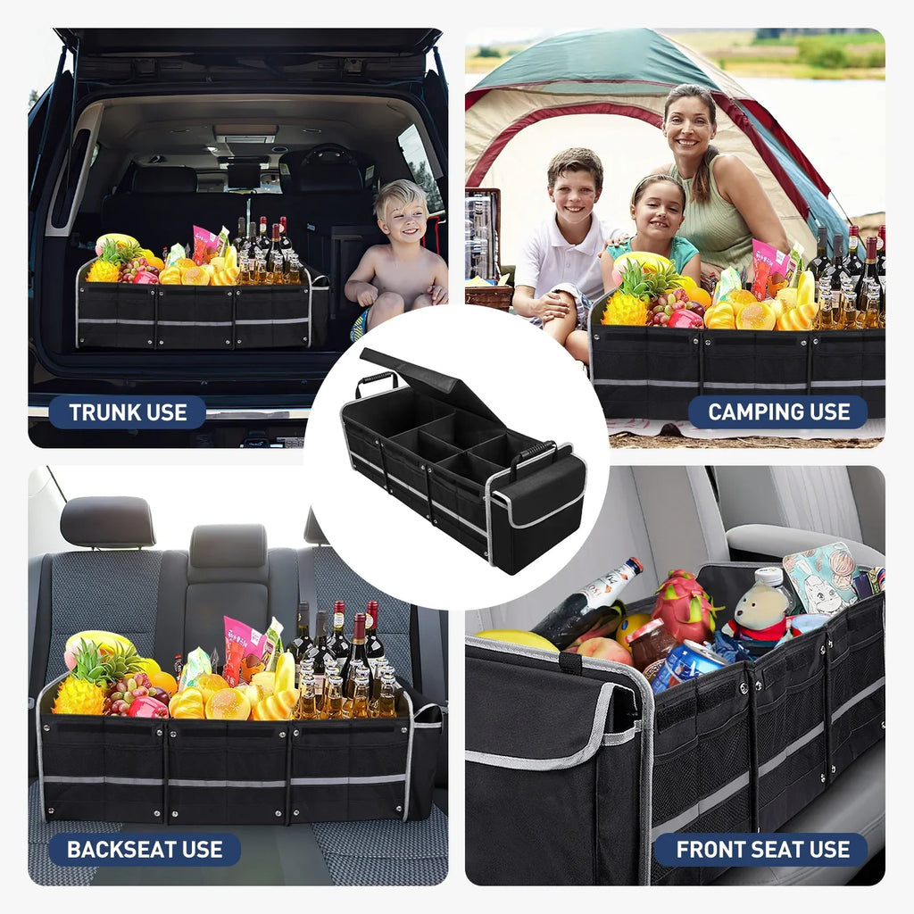Car Trunk Storage Organizer, 4 in 1 Multi Compartment Collapsible Trunk Storage Box with Leakproof Insulated Cooler Bag for Car Truck SUV