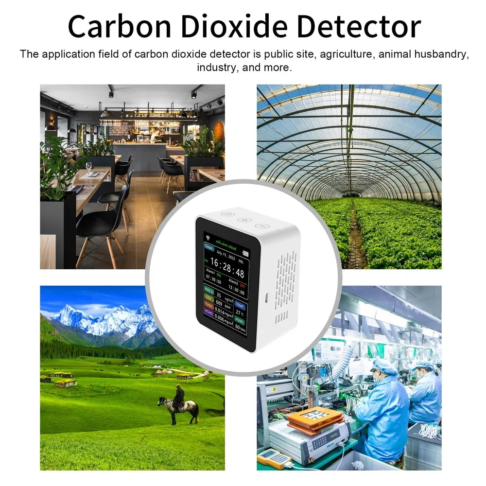 Carevas WiFi Intelligent Air Quality Detector PM2.5 CO2 TVOC HCHO Humidity 6 In 1 Detector Time Date Week Display Mobilephone APP Remotes Viewing 2 Sets Alarm Home Indoor Desktop Air Quality Moni