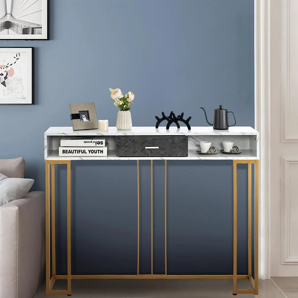 NLTBONNIE Console Table with Drawer - Sofa with Anti-Toppling Device &amp; Adjustable Foot Pads Faux Marble Foyer Table for Hallway Entryway Living Room Dining Room &amp; Kitchen Ent