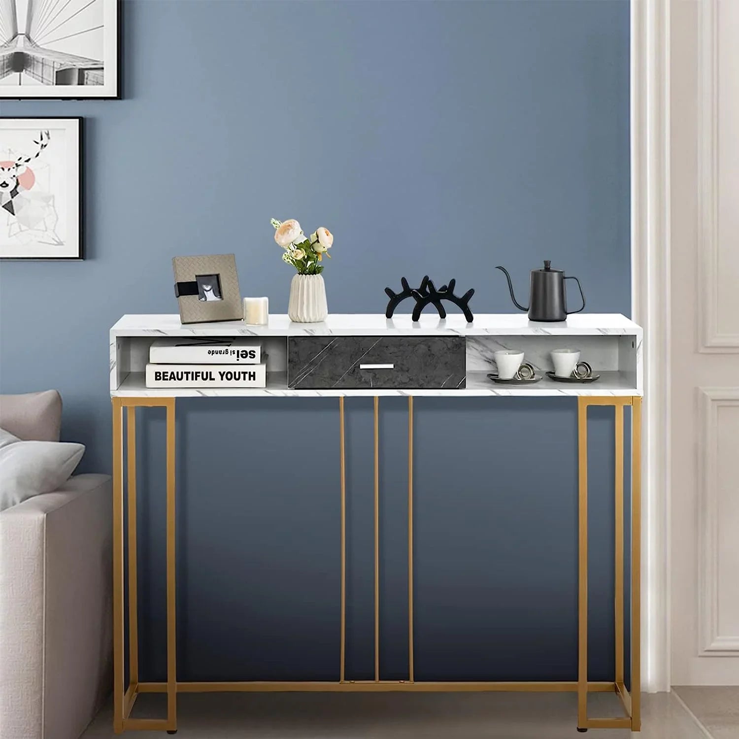 NLTBONNIE Console Table with Drawer - Sofa with Anti-Toppling Device &amp; Adjustable Foot Pads Faux Marble Foyer Table for Hallway Entryway Living Room Dining Room &amp; Kitchen Ent