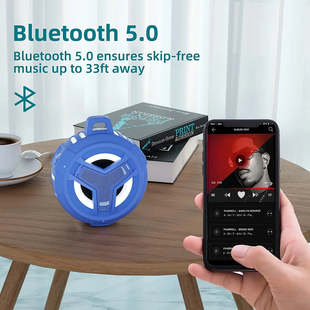 EBODA Waterproof Bluetooth Shower Speaker, IPX7 Floating Portable Wireless Small Speakers, 24H Playtime with Light for Hiking, Pool, Beach, Kayak Accessories, Gifts for Men, Boys - Light Blue