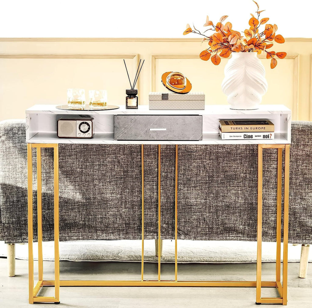 NLTBONNIE Console Table with Drawer - Sofa with Anti-Toppling Device &amp; Adjustable Foot Pads Faux Marble Foyer Table for Hallway Entryway Living Room Dining Room &amp; Kitchen Ent