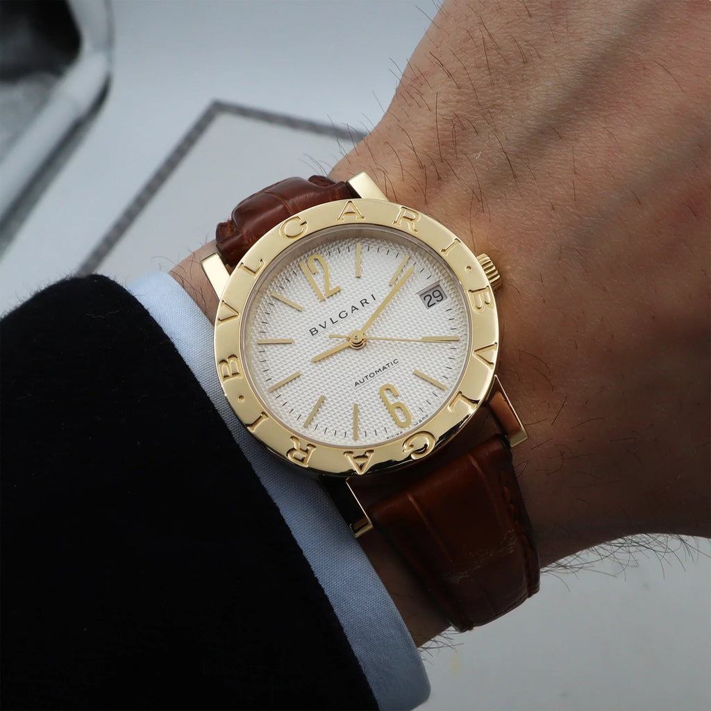 Bvlgari 33mm 18k Yellow Gold White Dial Leather Strap Automatic Watch BB33GL