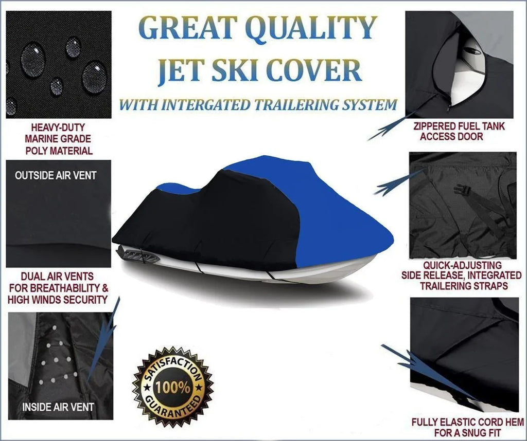 BLACK / BLUE HEAVY-DUTY, PWC 600D JET SKI Cover Compatible for Kawasaki Ultra 260X / JT1500E9F 2009 2010
