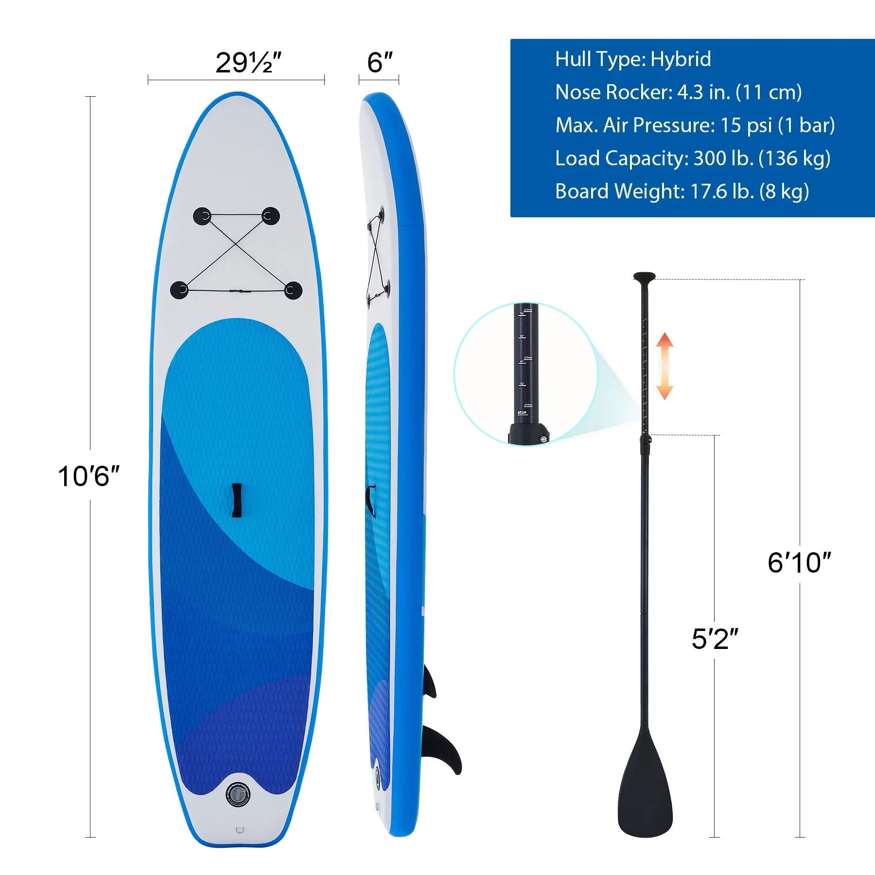 Preenex 10'6" Hybrid Inflatable Paddle Board for Adults Hybrid SUP Board Set w Air Pump, Blue