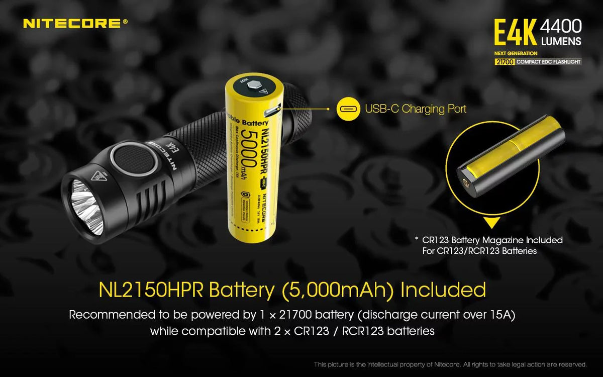 NITECORE E4K Next generation 21700 Compact EDC Flashlight - 4x CREE XP-L2 V6 - 4400 Lumens w/ 1x NITECORE 21700 Rechargeable Li-ion Battery and FREE Eco-Sensa Battery Case