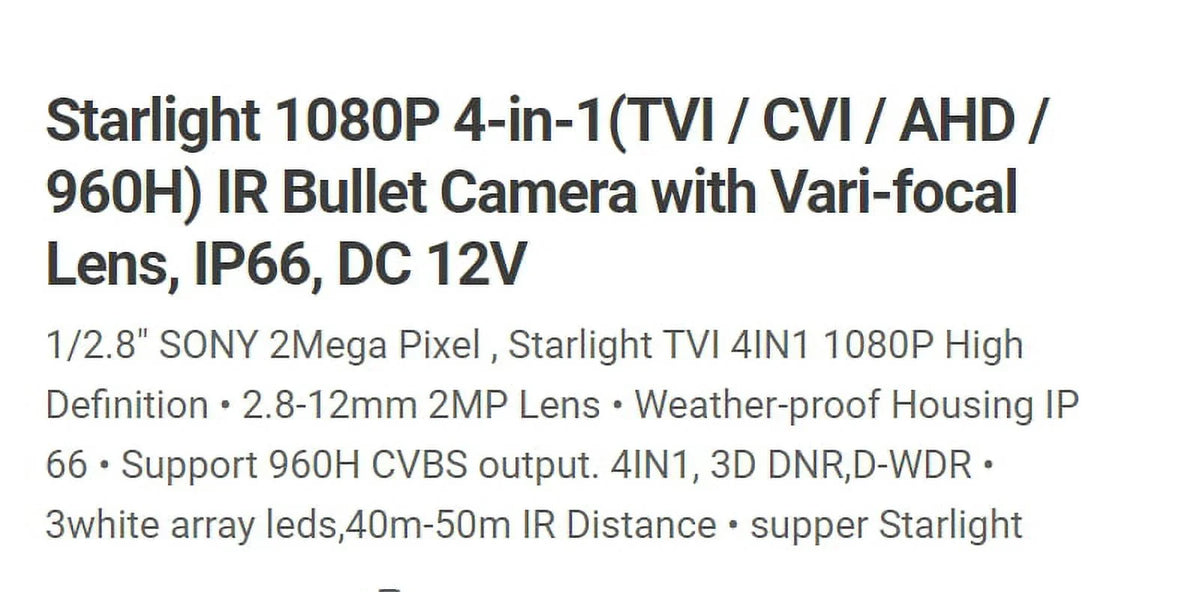 Eyemax TIR-1252VSL-G HD-TVI 1080P Outdoor Bullet Camera, 2.8-12mm 12V DC