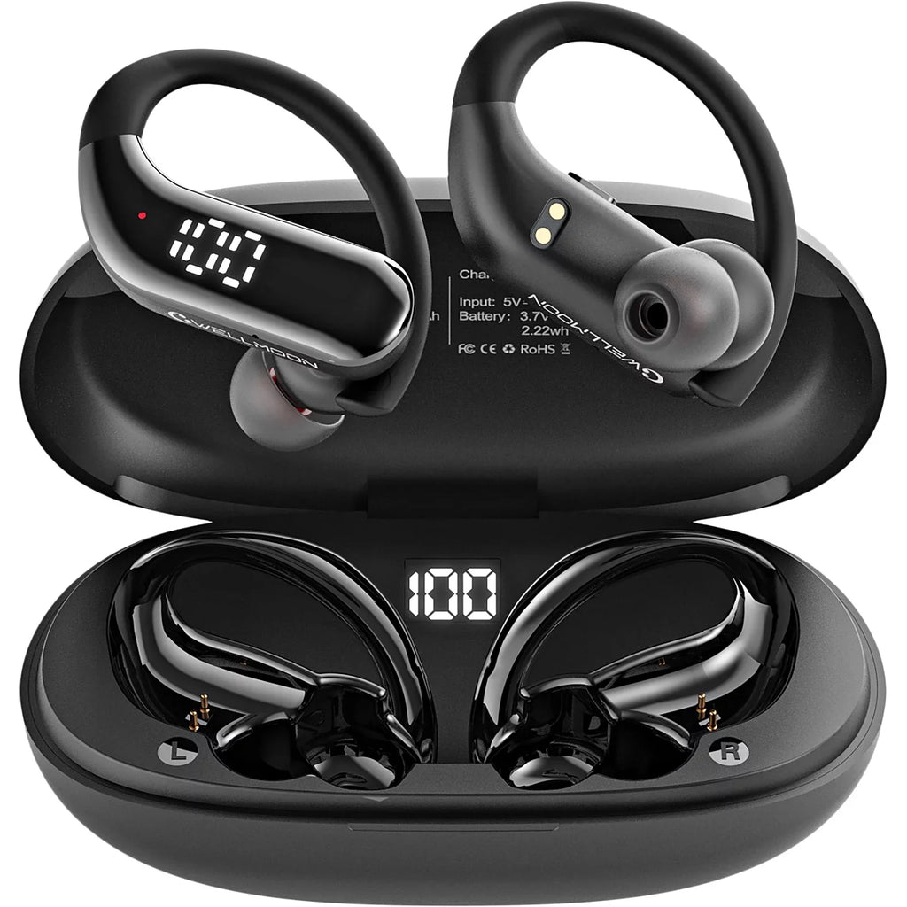 Bluetooth 5.3 Headphones Wireless Earbuds 100hrs Playtime Wireless Charging Case Digital Display Sports Ear buds with Earhook Premium Deep Bass Waterproof Over-Ear Earphones for TV Phone Portable computer Black