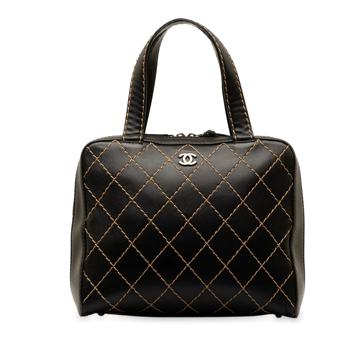 Pre-Owned Authenticated Chanel CC Wild Stitch Handbag Lambskin Leather Black Top HandleBag Unisex (Good)