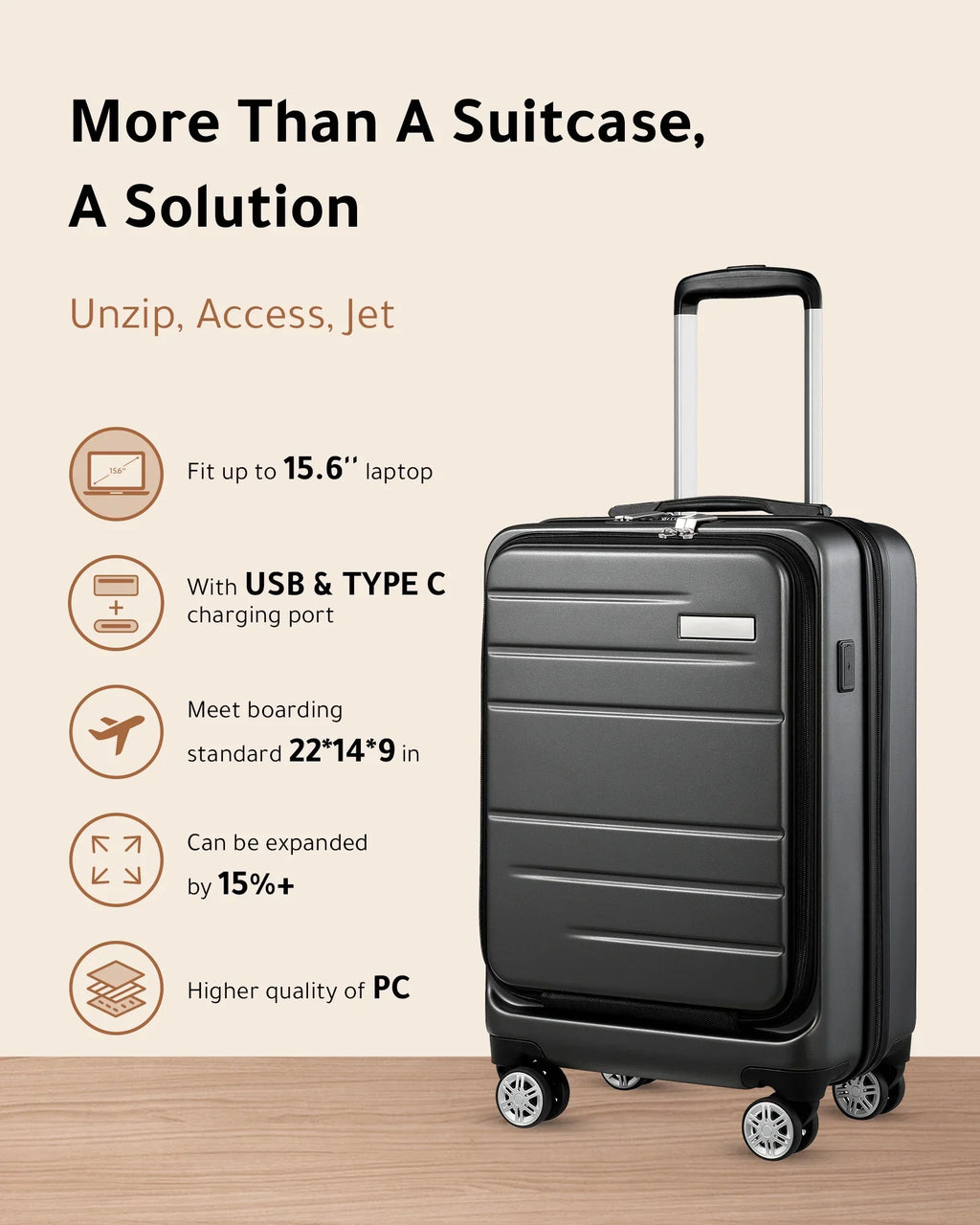 LUGGEX Carry on Luggage, Expandable Hardshell Suitcase with Front Pocket and USB Port