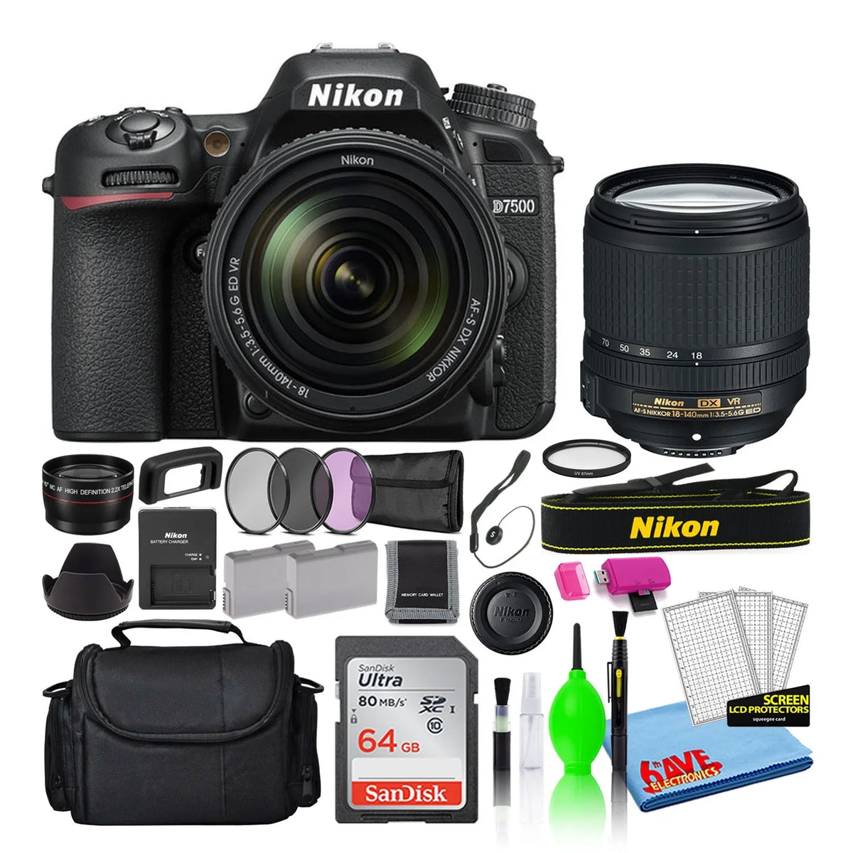 Nikon D7500 20.9MP DSLR Digital Camera with 18-140mm VR Lens (1582) Bundle with SanDisk 64GB SD Card + Camera Bag + Filter Kit + Spare Battery + Telephoto Lens