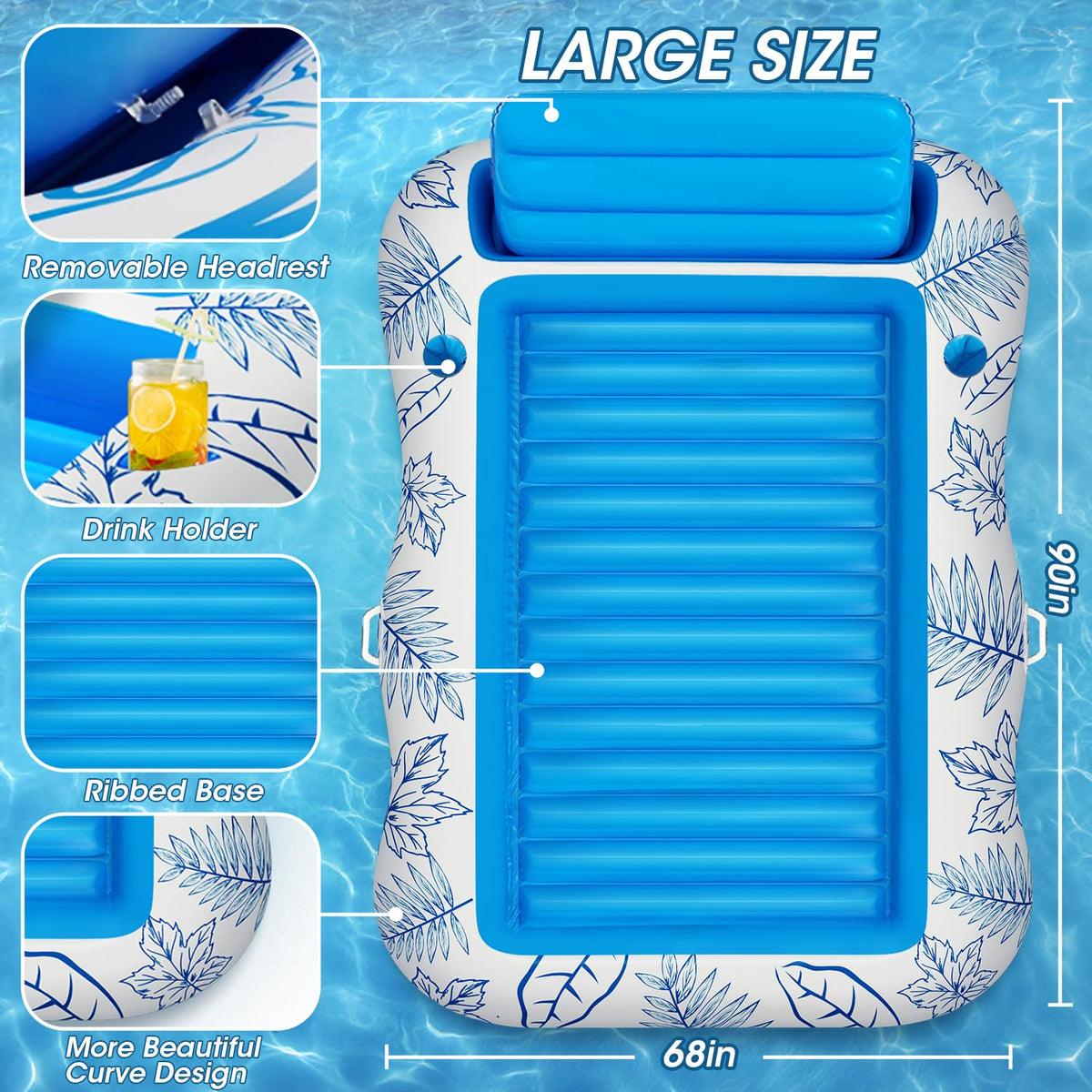 Inflatable Tanning Pool Lounger Float -4 in 1 Sun Tan Tub Sunbathing Pool Lounge Raft Floatie Toys Water Filled Tanning Bed Mat Pad for Adult Blow Up Kiddie Pool Kids Ball Pit Pool L