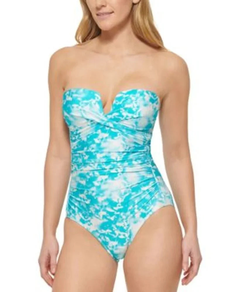 Calvin Klein TROPICAL WATERS MULTI V-Notch Bandeau One-Piece Swimsuit, US 6