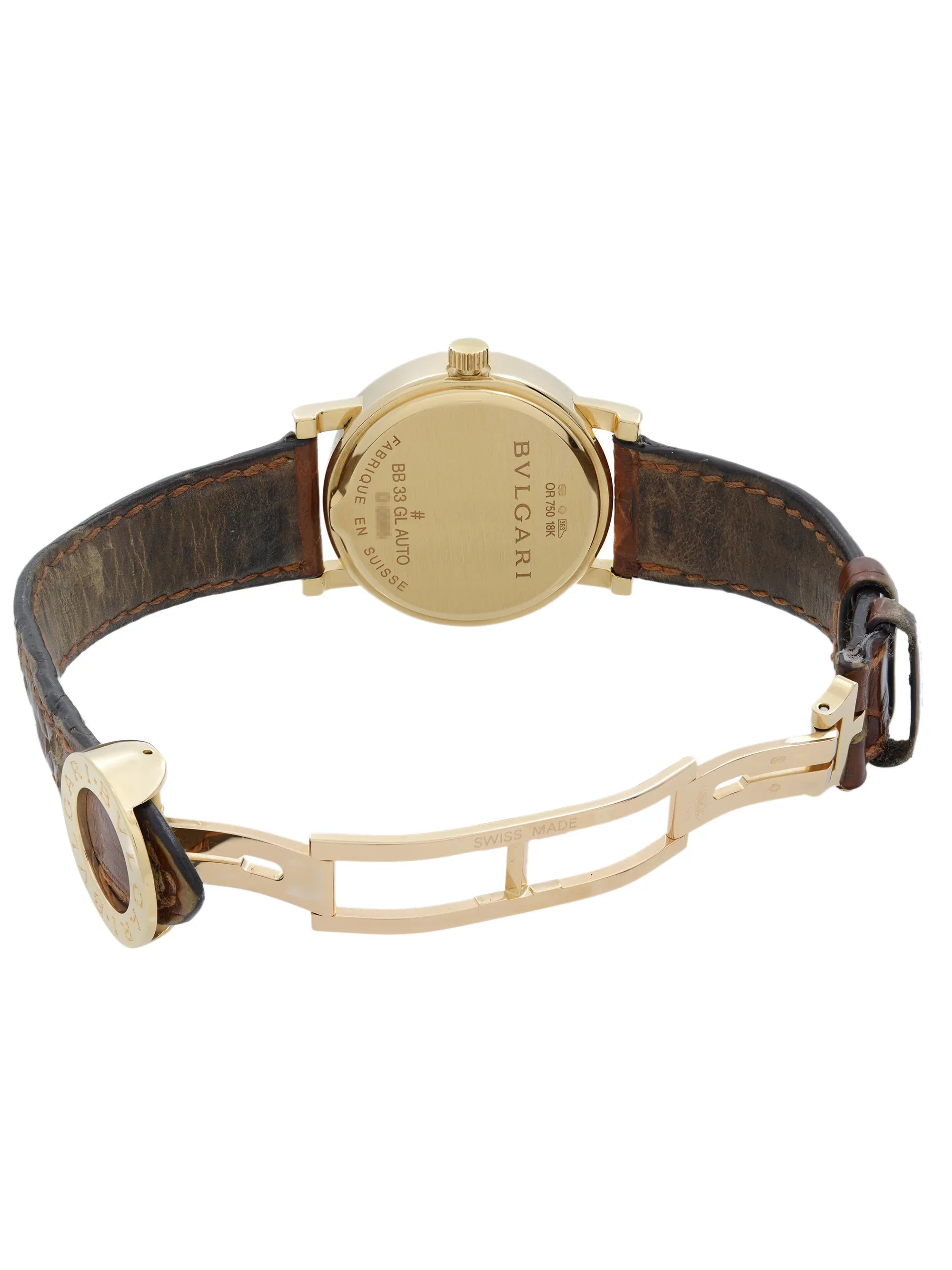 Bvlgari 33mm 18k Yellow Gold White Dial Leather Strap Automatic Watch BB33GL