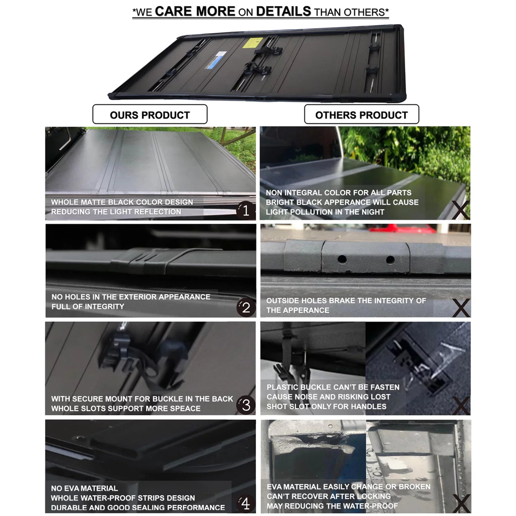 Mamoru Hard FRP Quad-Fold Solid Tonneau Cover Compatible with 2016 2017 2018 2019 2020 2021 2022 2023 Tacoma 6' / 73.7" Truck Bed Cover | Fit for Deck Rail System