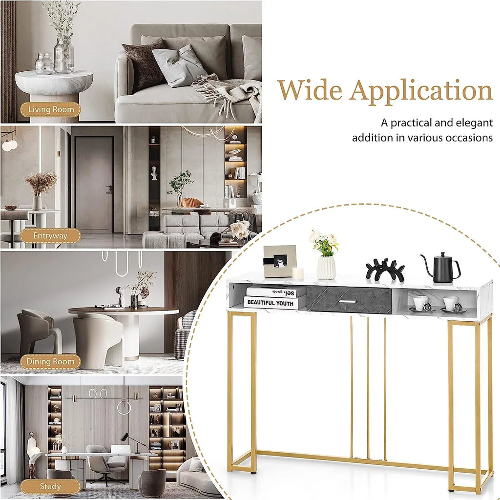 NLTBONNIE Console Table with Drawer - Sofa with Anti-Toppling Device &amp; Adjustable Foot Pads Faux Marble Foyer Table for Hallway Entryway Living Room Dining Room &amp; Kitchen Ent