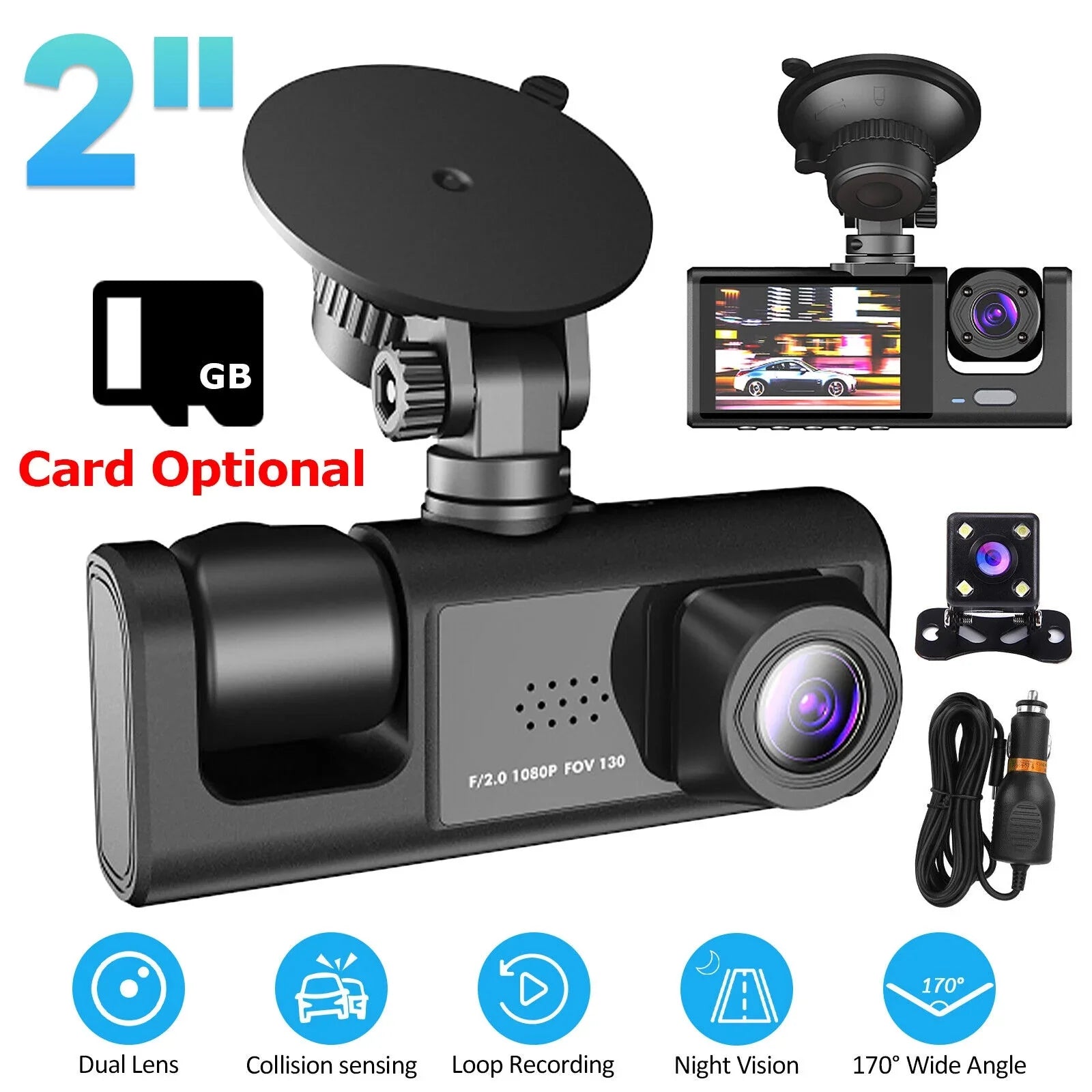 HD 1080P Car Dual Dash Cam, Front/Rear/Inside Dual Lens Dash Camera, Video Recorder Camera with G-sensor