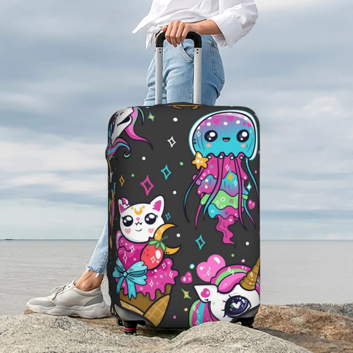 Fotbe Rainbow Unicorn And Cat Icecream Luggage Cover Protector,Suitcase Cover Protector Fit 18-32 Inch Luggage,Washable Protector Covers Dust And Stratch Resistance