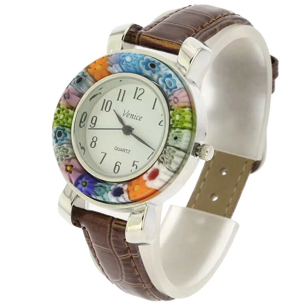 GlassOfVenice Serena Murano Millefiori Watch With Leather Band - Brown