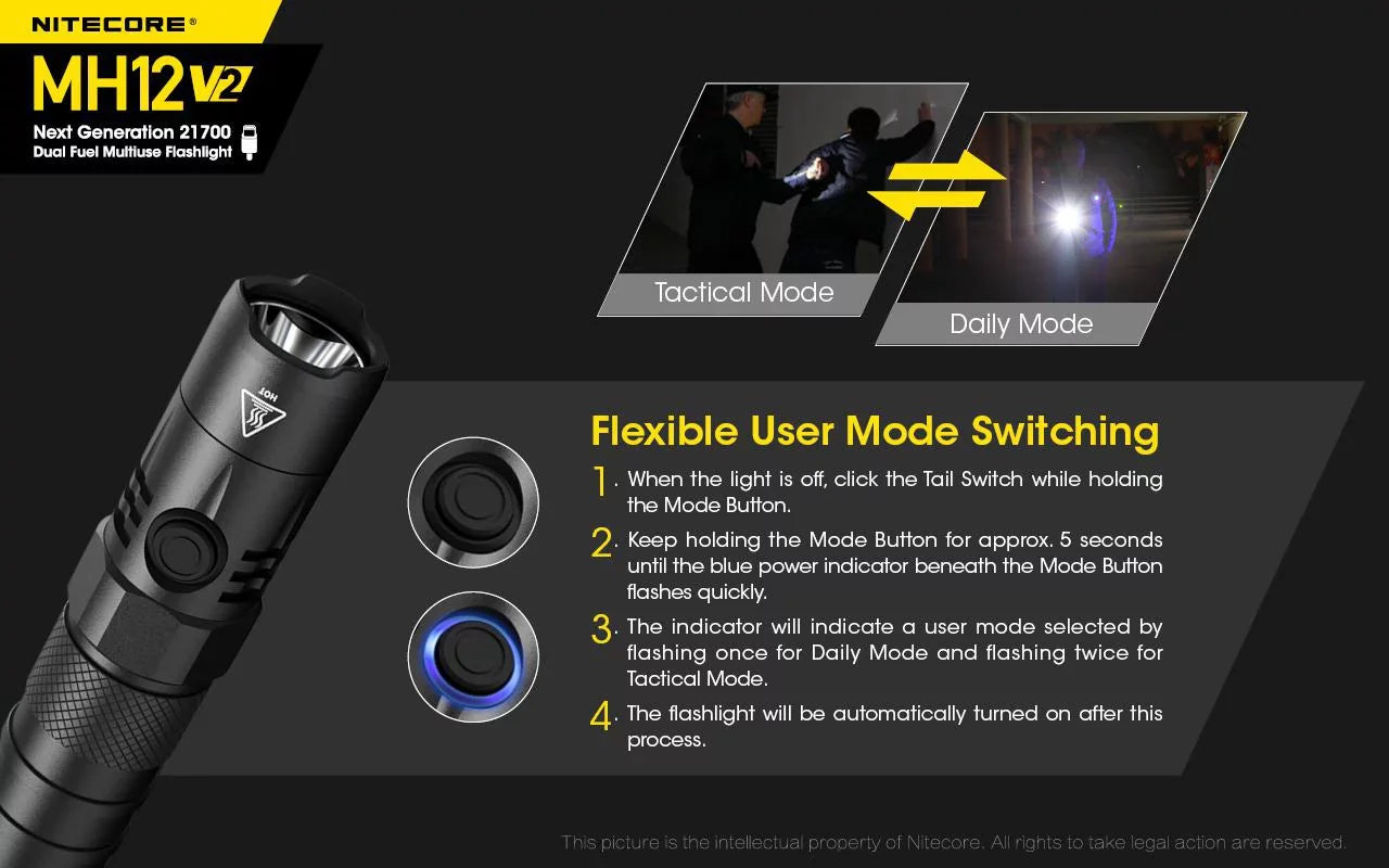 COMBO: Nitecore MH12 V2 CREE XP-L2 V6 LED Flashlight -1200 Lumens w/ 21700 Battery and Nitecore NB10000 10,000mAh Power Bank