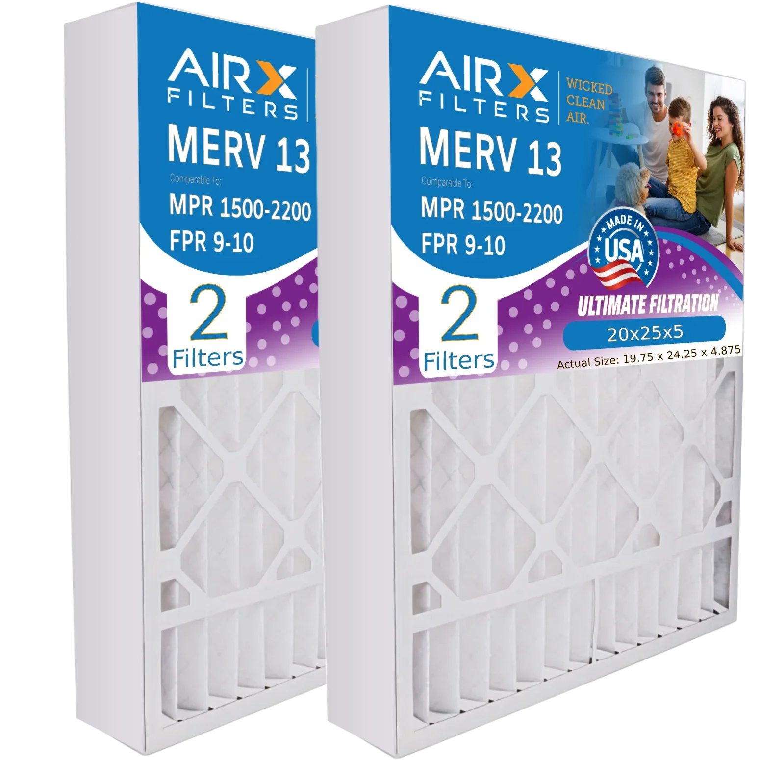 20x25x5 Air Filter MERV 13 Comparable to MPR 1500 - 2200 & FPR 9 Compatible with GeneralAire 14201 Premium USA Made 20x25x5 Furnace Filter 2 Pack by AIRX FILTERS WICKED CLEAN AIR.