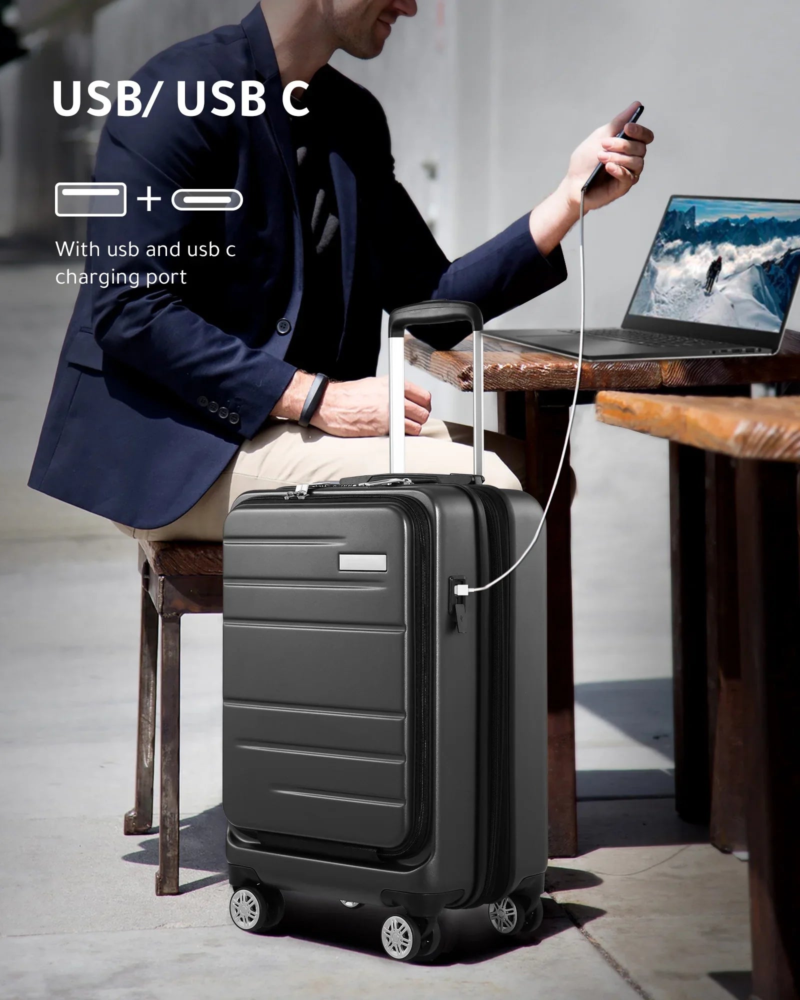 LUGGEX Carry on Luggage, Expandable Hardshell Suitcase with Front Pocket and USB Port